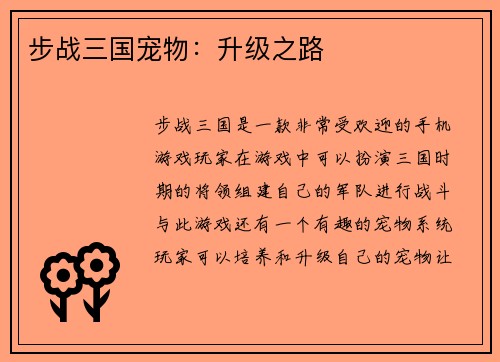 步战三国宠物：升级之路