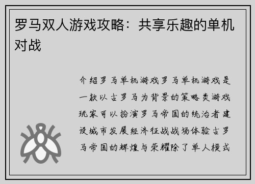 罗马双人游戏攻略：共享乐趣的单机对战