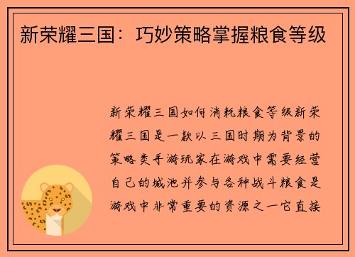 新荣耀三国：巧妙策略掌握粮食等级